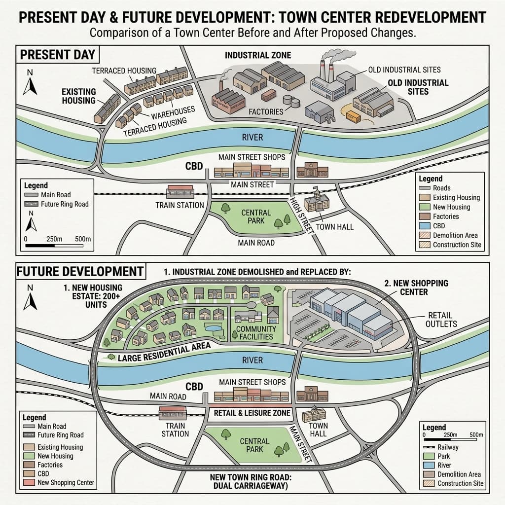 The development of a town center (Present vs Future)